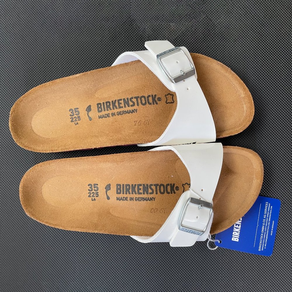 Birkenstock Madrid Patent White & Pink Sole Slides Size 35 Narrow NWT